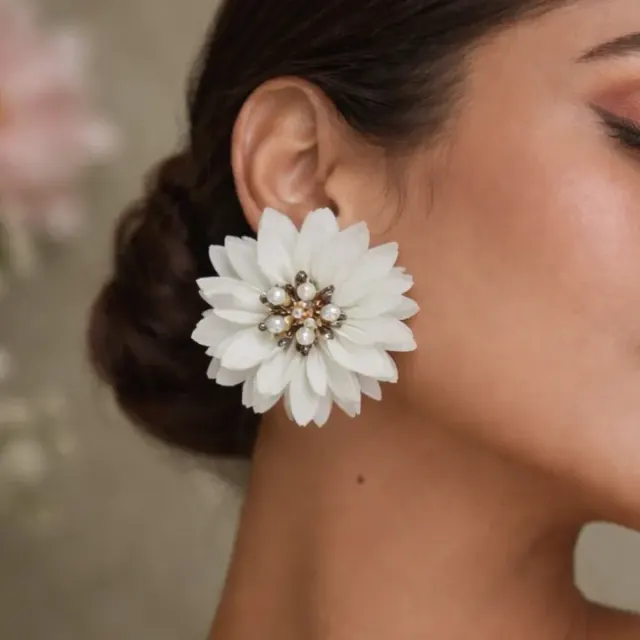 Ivory Bloom Fabric Clip On Earrings