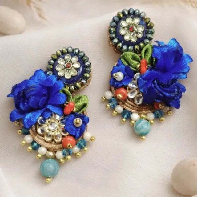 Indigo Jalsa Fusion Glass Kundan Earrings