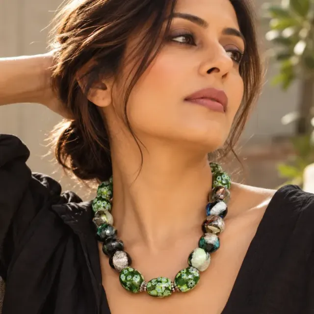 Gul-e-Sabz Handcrafted Green Floral Bead Necklace