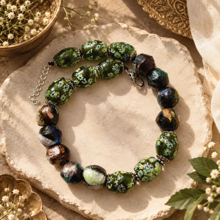 Gul-e-Sabz Handcrafted Green Floral Bead Necklace — neckwear, view 2