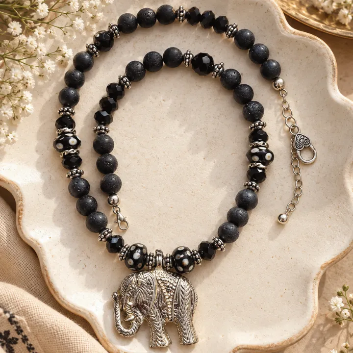Gajraaj Siyaah — Handcrafted Black Beaded Elephant Necklace — neckwear, view 2