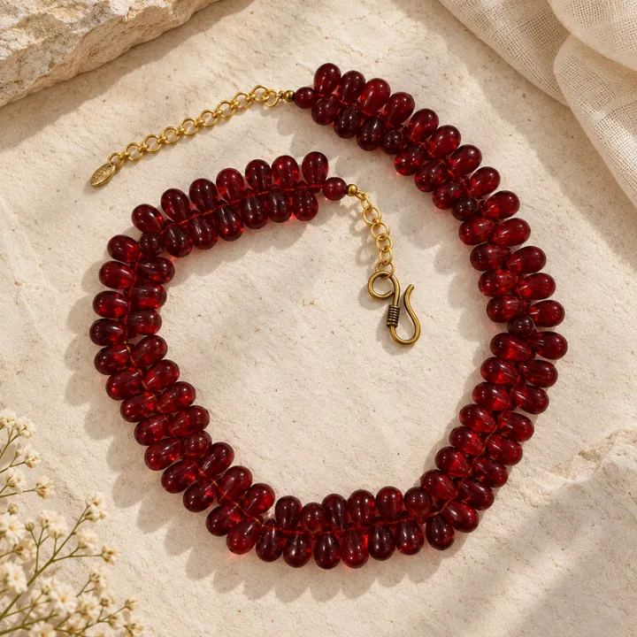 Raqs — Deep Red Teardrop Glass Bead Neckpiece — view 2